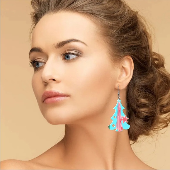 Acrylic Glitter Christmas Tree Stud Dangle Earrings - Picture 12 of 16